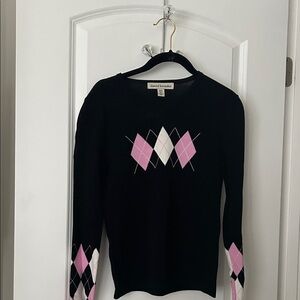 David Brooks Black Sweater with Pink & White Argyle Accents